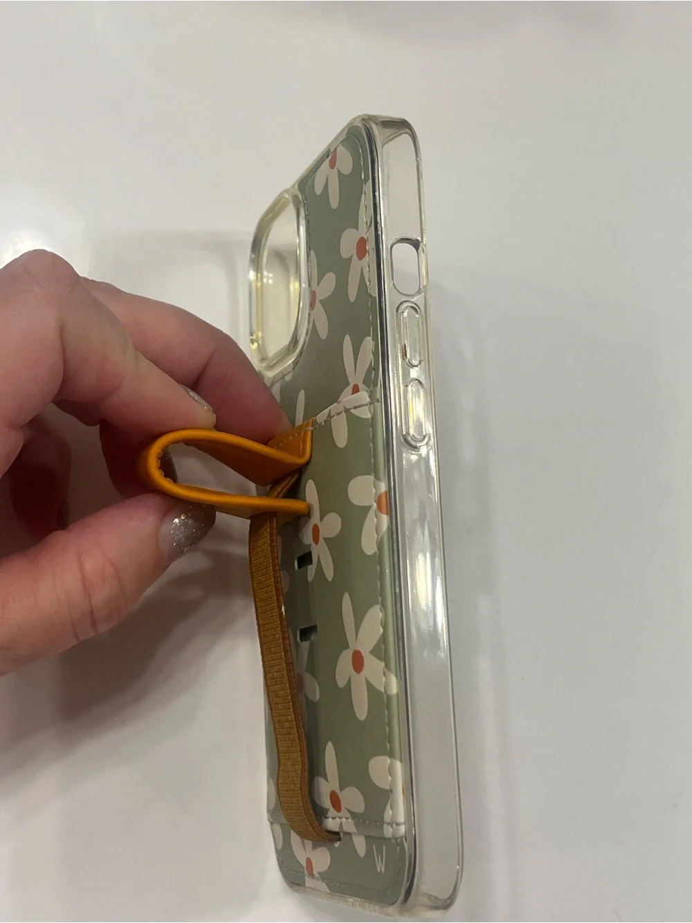 Green Floral Phone Case with Integrated Tan Strap